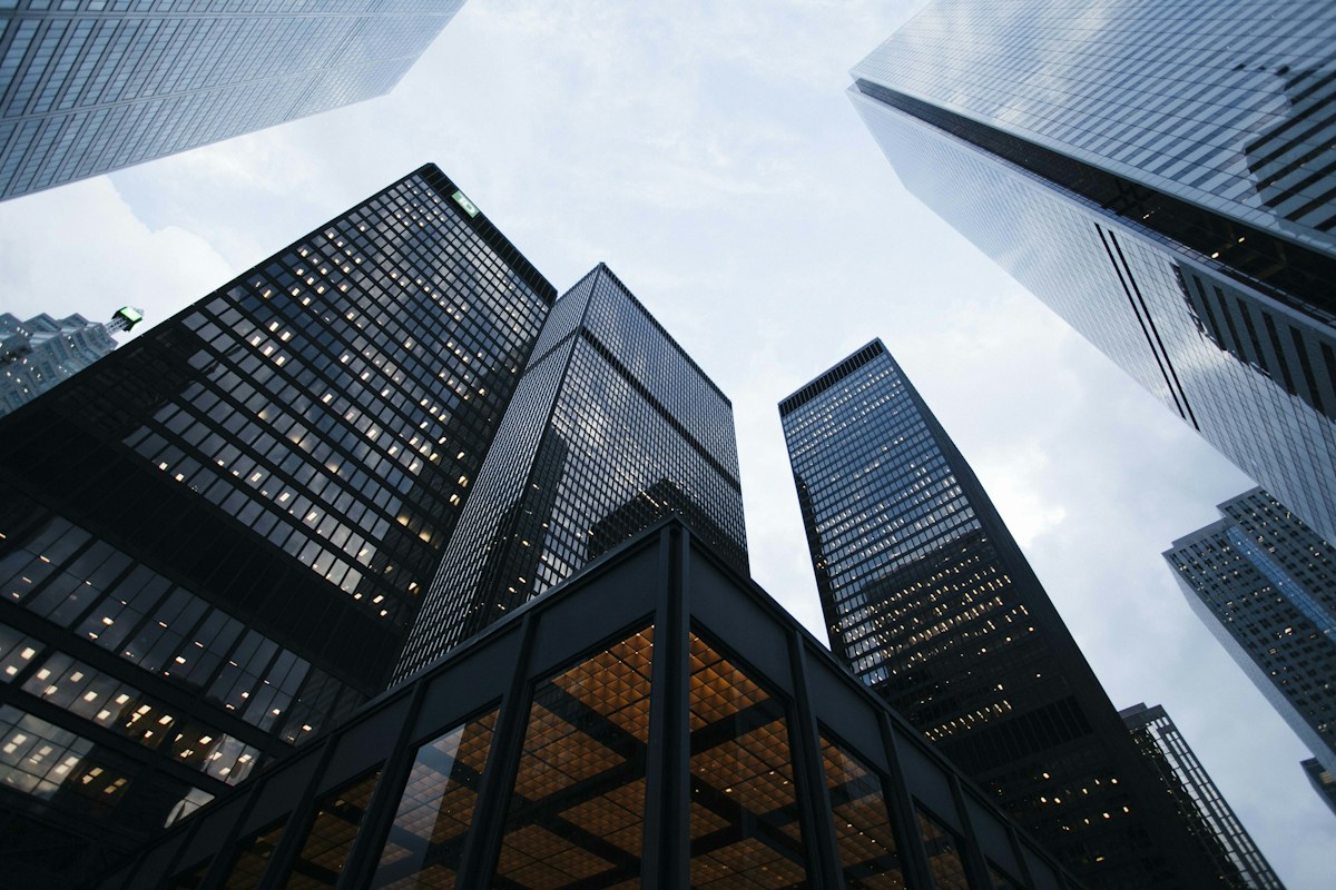 Modern glass office towers in a business district