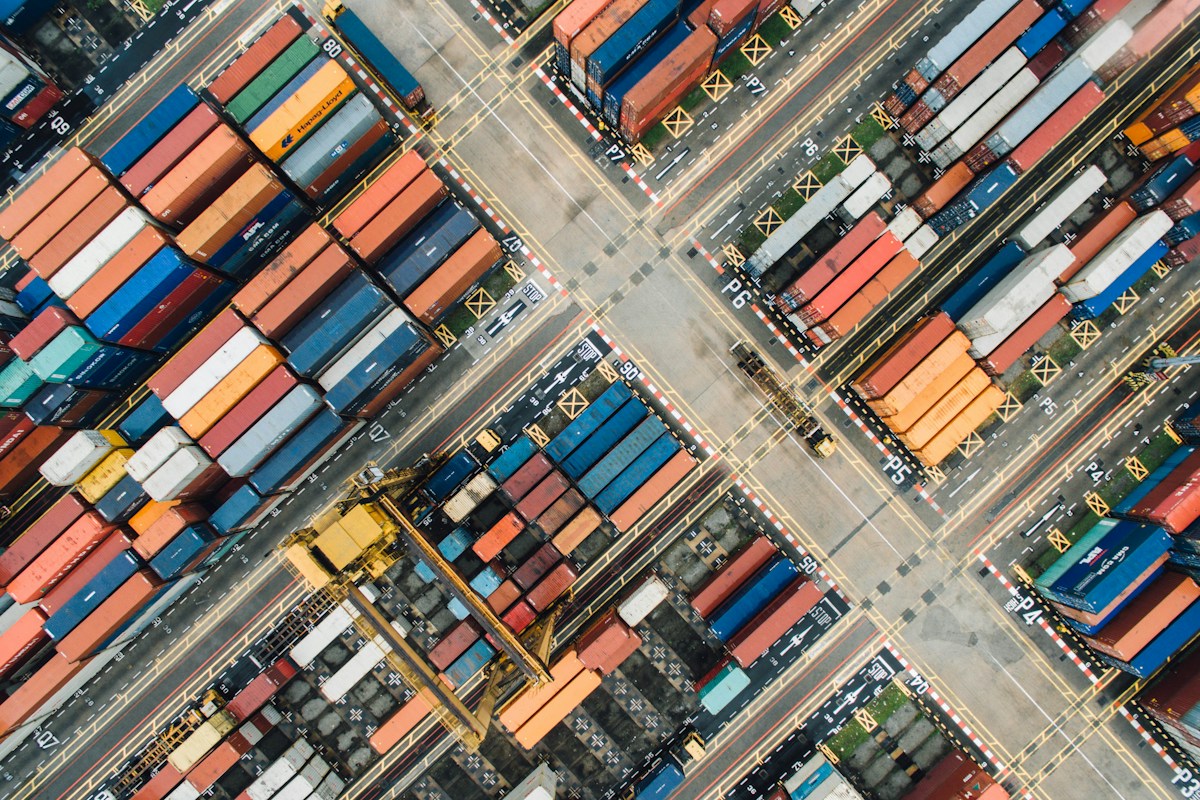 Shipping containers and transport lanes at a commercial port